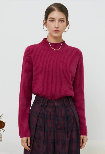 Elemental Mock Neck Long-Sleeve Wool Sweater in Magenta