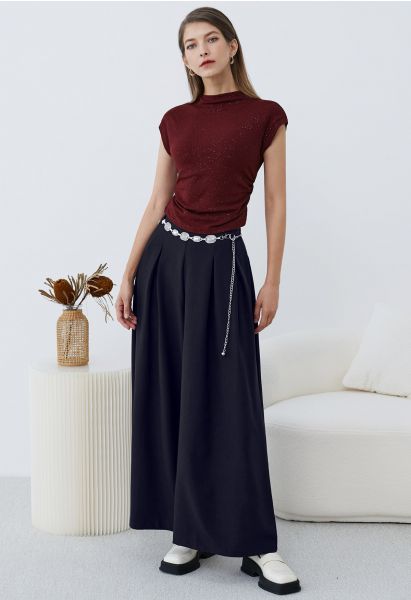 Chain-Embellished Pleated Palazzo Pants in Navy