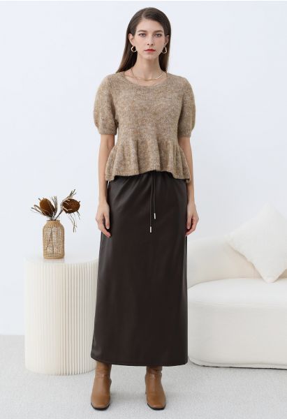 On-Duty Faux Leather Drawstring Shift Skirt in Chocolate