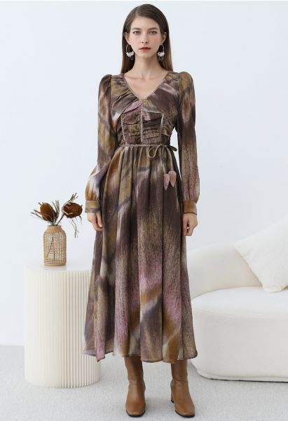 Mystic Watercolor V-Neck Ruched Maxi Dress