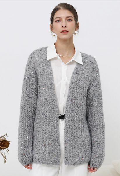 Colorful Sequin Open Front Cozy Knit Cardigan in Grey