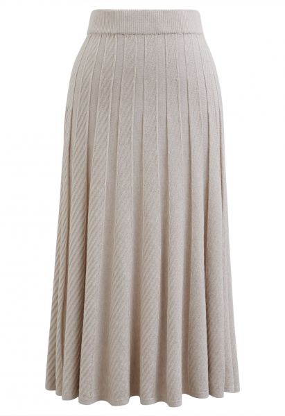 Diagonal Ribbed Pleated Knit Skirt in Linen