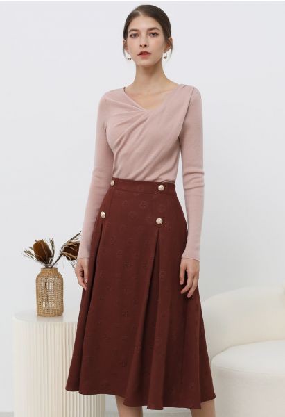 Embossed Rose A-Line Midi Skirt in Burgundy