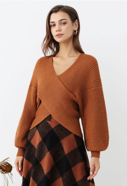 Crisscross Ribbed Knit Crop Sweater in Caramel