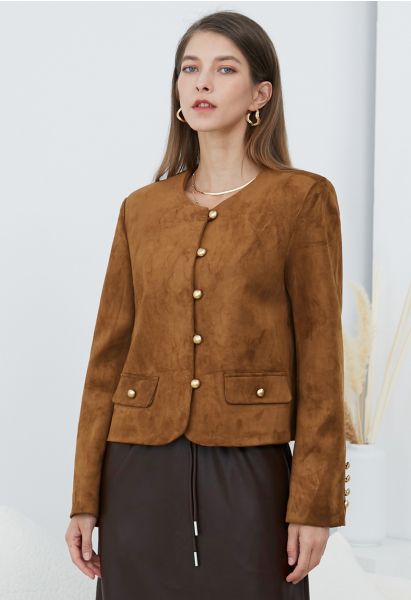 Decorative Flap Pockets Suede Button-Up Jacket