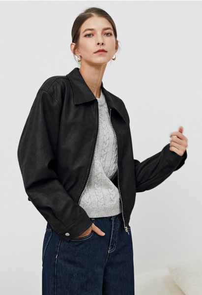 Point Collar Faux Leather Zipper Jacket in Black