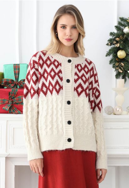 Festive Geometric Button Down Knit Cardigan in Cream