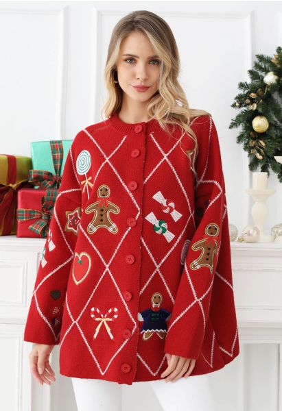 Cheer Christmas Gingerbread Buttoned Knit Cardigan in Red