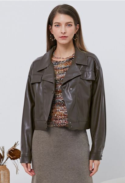 Faux Leather Fake Flap Pocket Stud Button Jacket in Brown