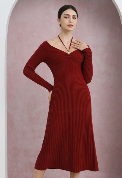 Self-Tie Halter Off-Shoulder Ribbed Knit Midi Dress in Red