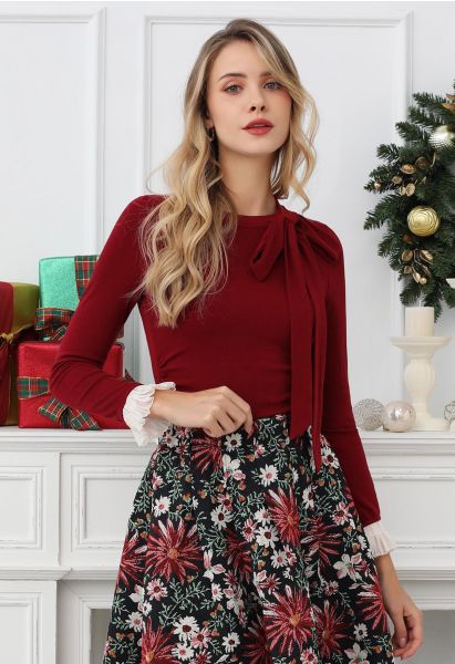 Side Bowknot Spliced Ruffle Cuff Top in Red