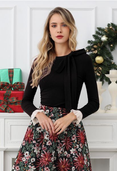 Side Bowknot Spliced Ruffle Cuff Top in Black