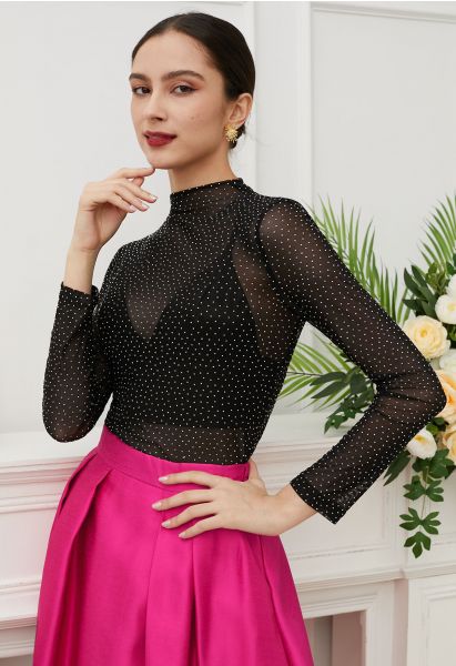 Full Rhinestones Embellished Mesh Fitted Top