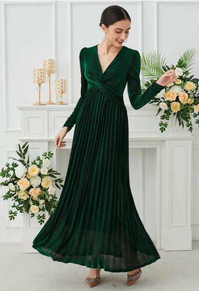 Glistening Twisted Front Pleated Maxi Dress in Emerald