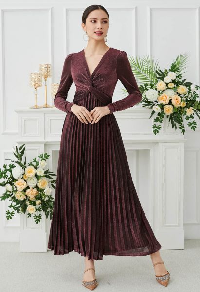 Glistening Twisted Front Pleated Maxi Dress in Burgundy