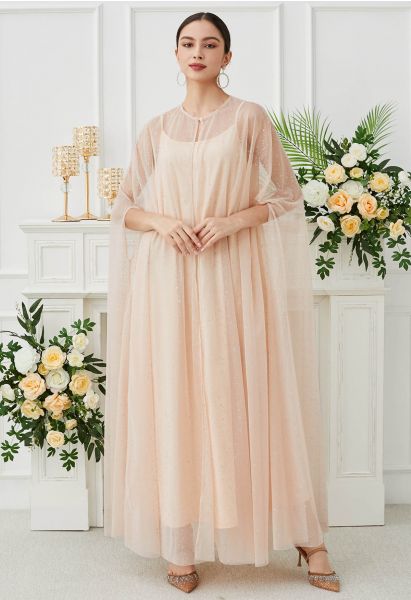 Glittery Mesh Maxi Cape Dress in Apricot