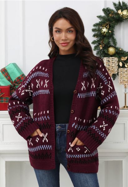 Cozy Fair Isle Button Down Knit Cardigan in Burgundy