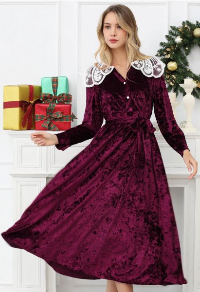 Lace Doll Collar Velvet Midi Dress in Burgundy