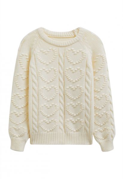 Embossed Heart Cable Knit Sweater in Cream