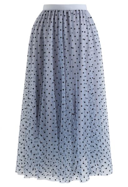 Full Polka Dots Double-Layered Mesh Tulle Skirt in Baby Blue