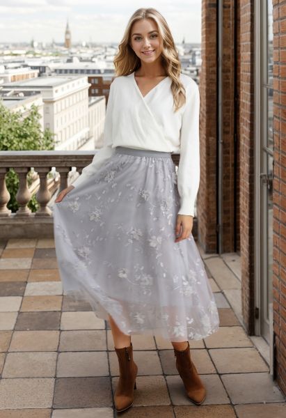 3D Mesh Flower Embroidered Tulle Midi Skirt in Grey