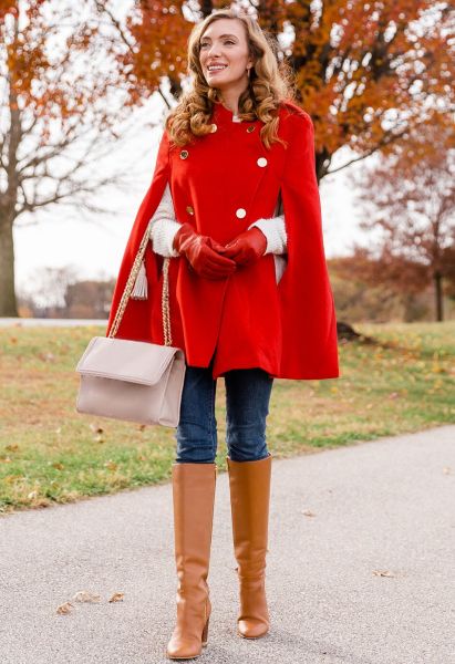 Double-Breasted Cape Coat in Red