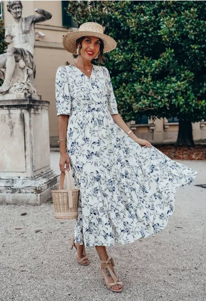 Navy Floral Frilling Wrapped Dress