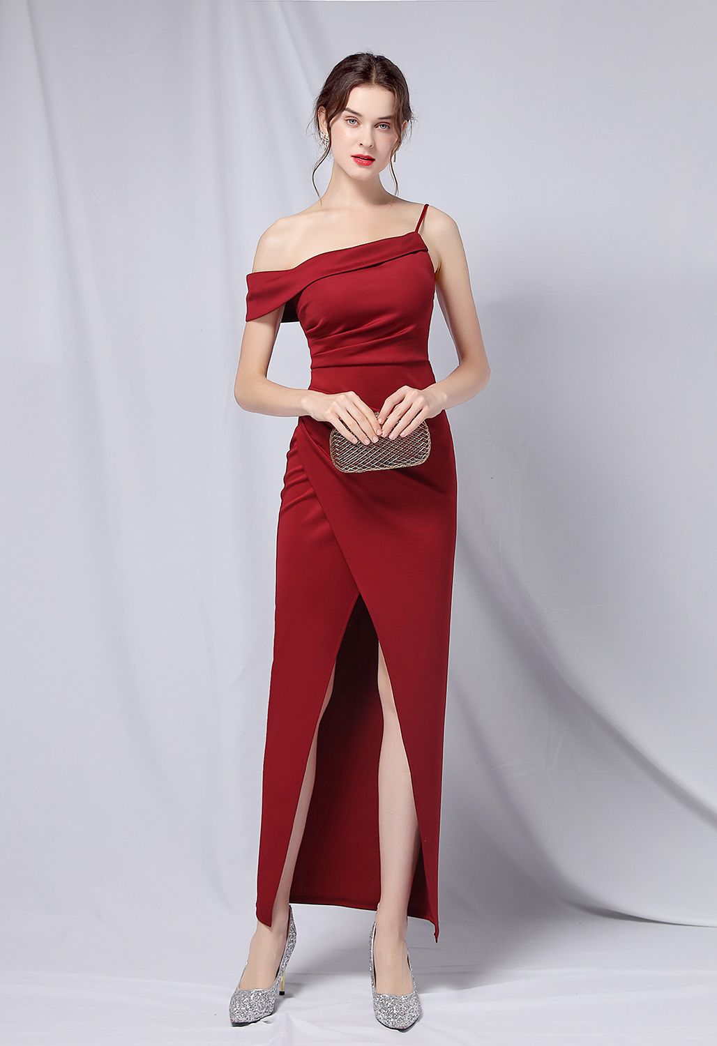 Single Strap Front Slit Gown in Burgundy