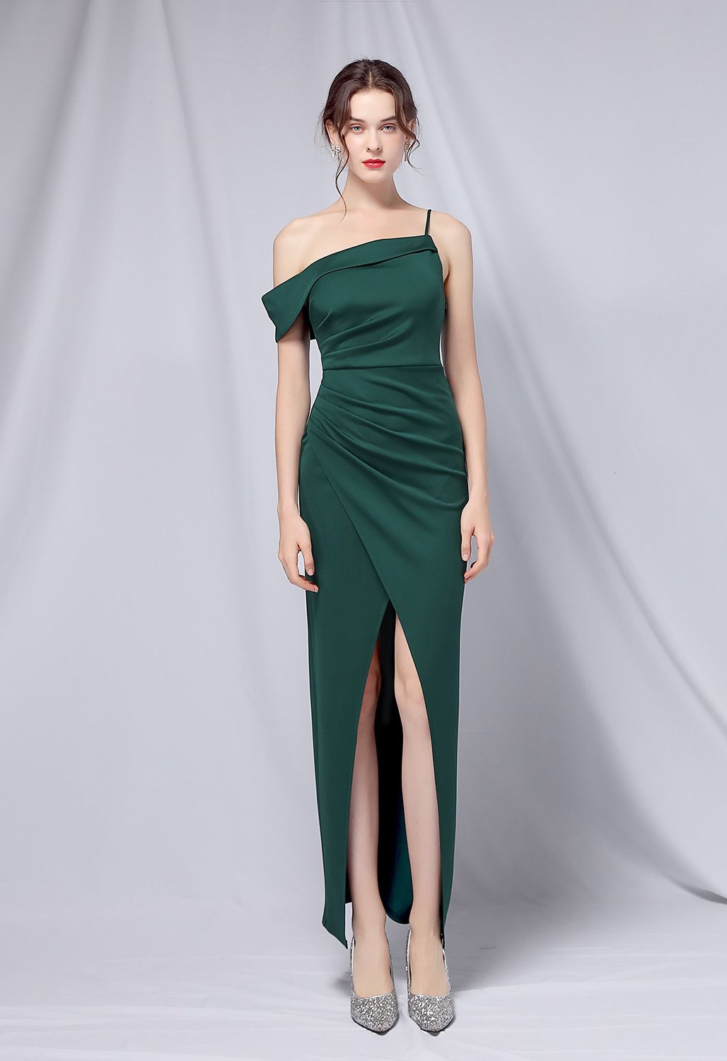 Single Strap Front Slit Gown in Emerald