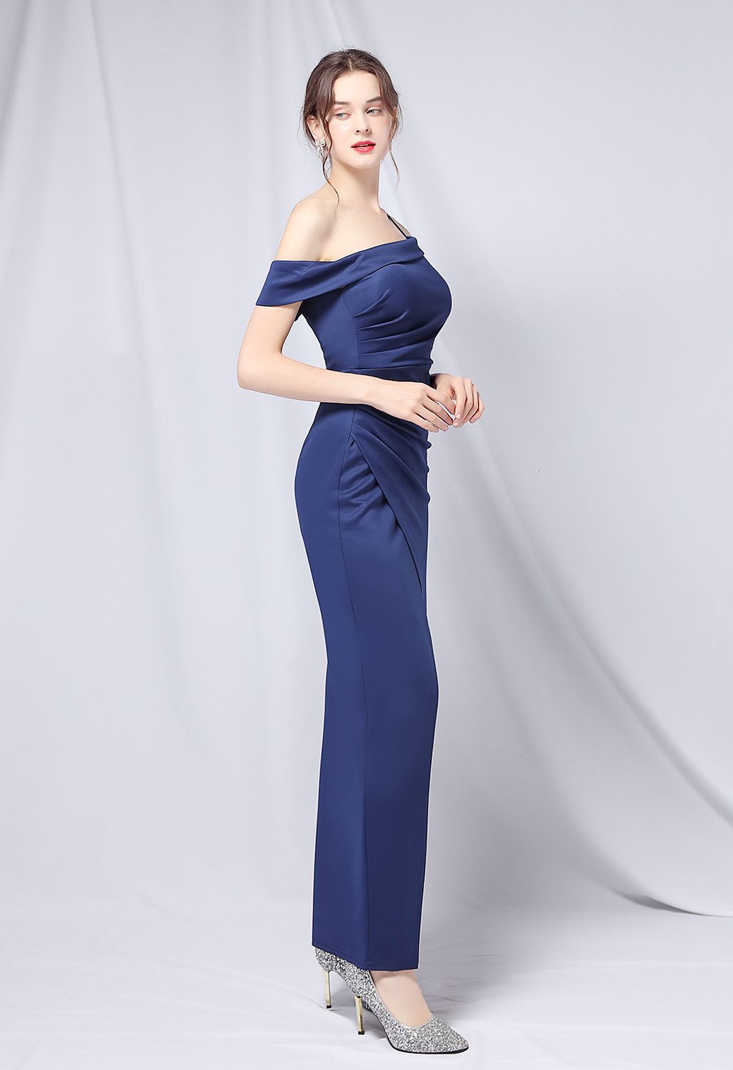 Single Strap Front Slit Gown in Navy