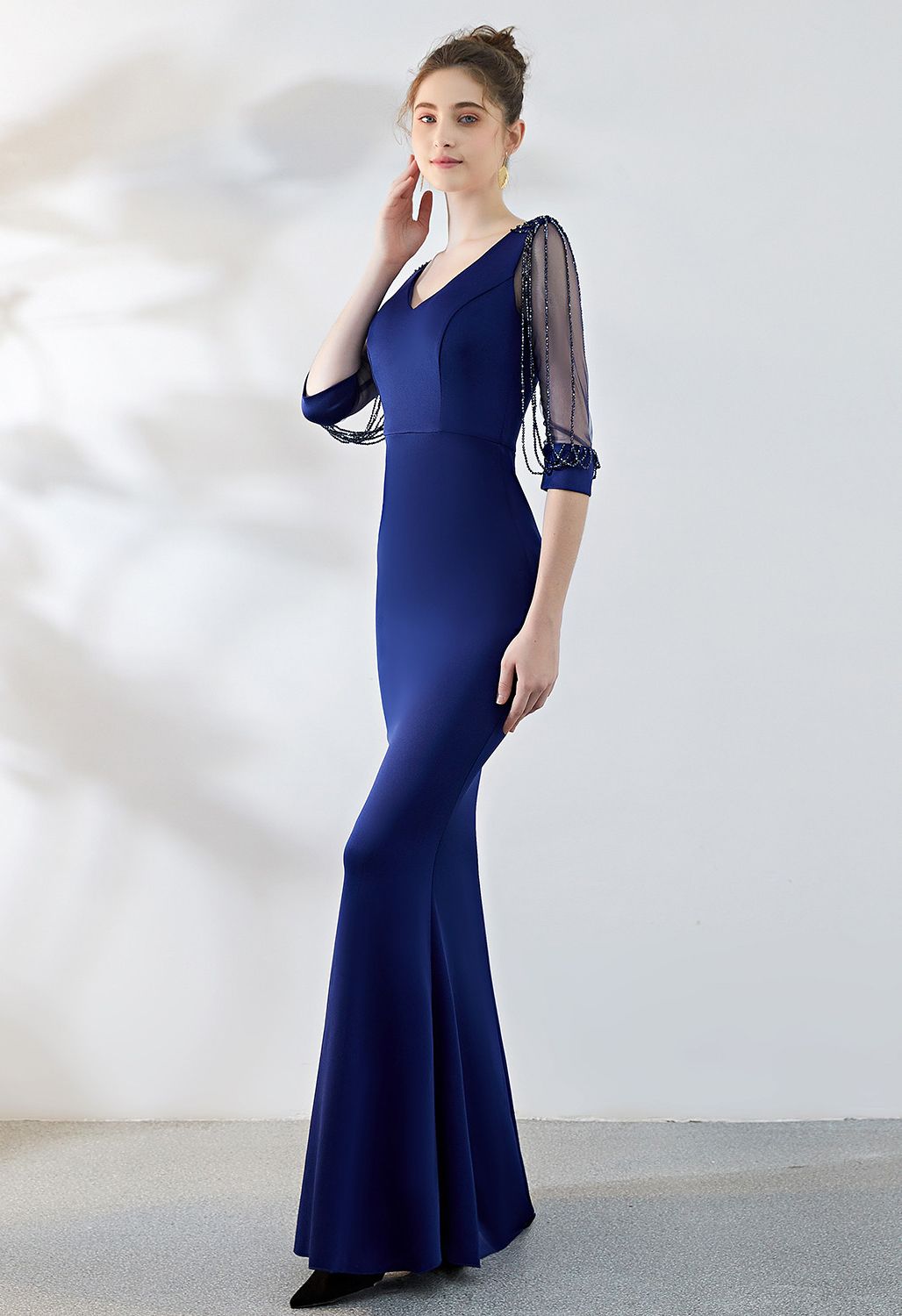 Draped Bead Mesh Sleeve Gown in Navy