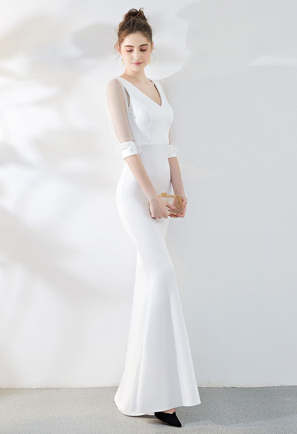 Draped Bead Mesh Sleeve Gown in White