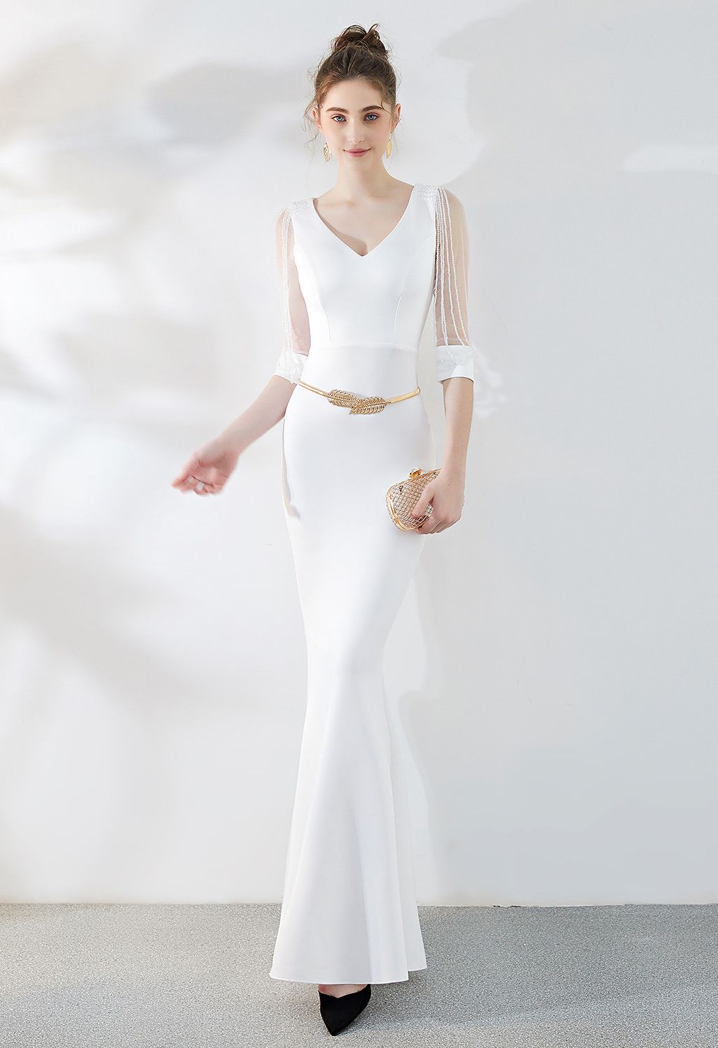 Draped Bead Mesh Sleeve Gown in White