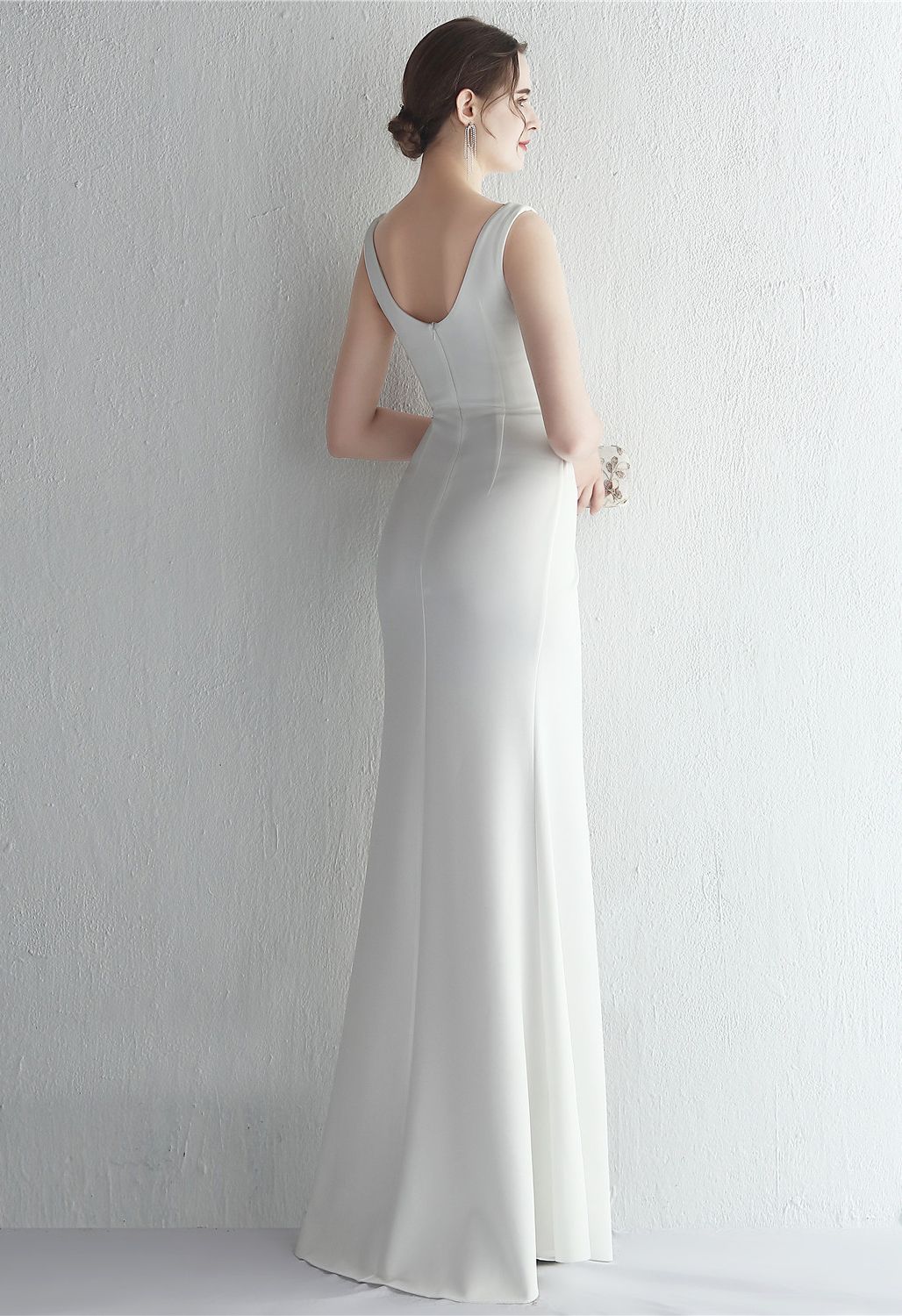 Ruched Waist High Slit Gown in White
