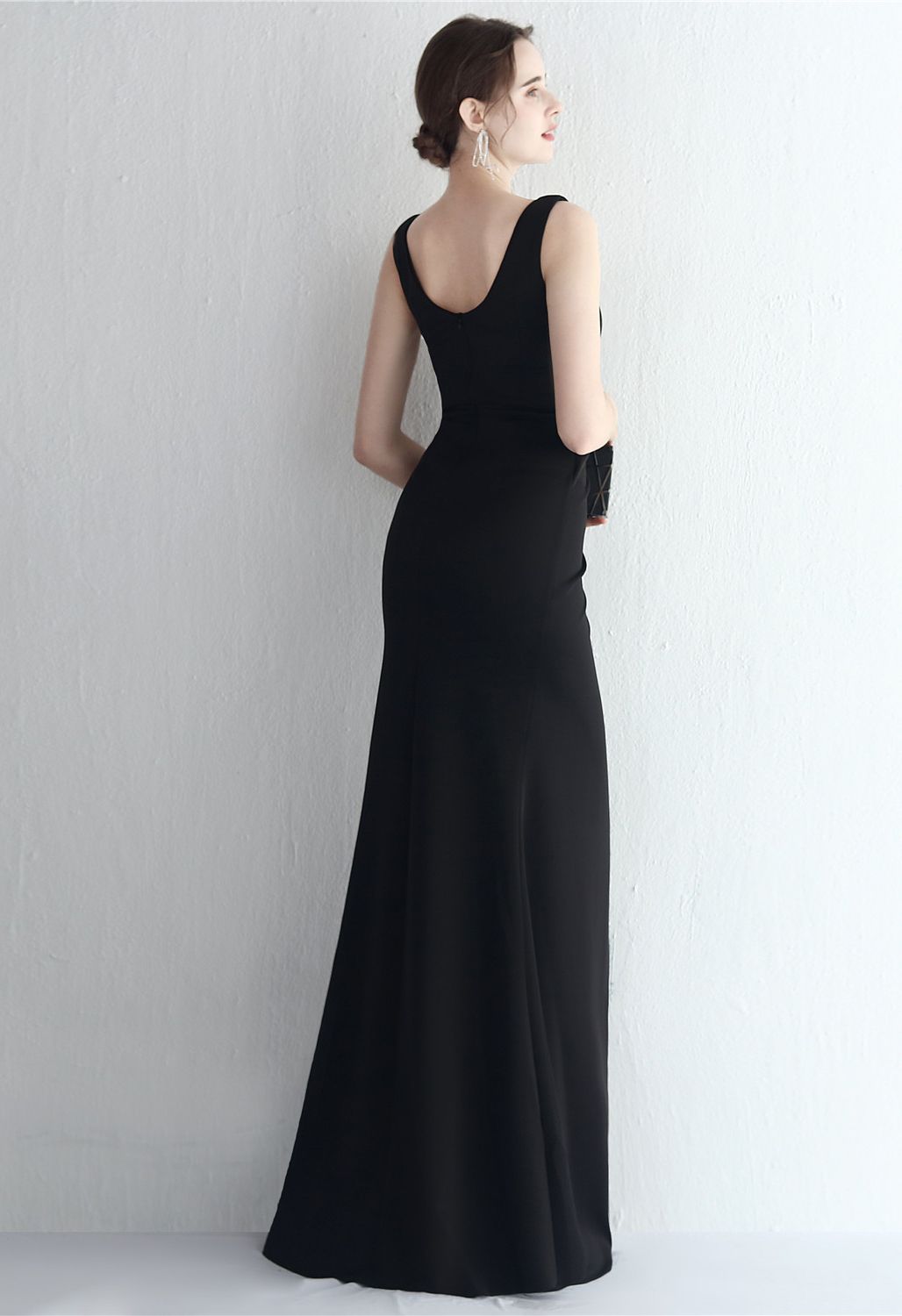 Ruched Waist High Slit Gown in Black
