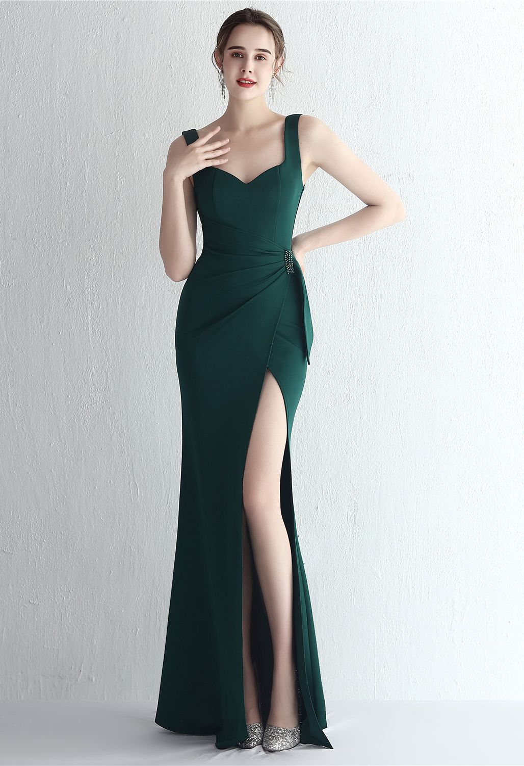 Ruched Waist High Slit Gown in Emerald