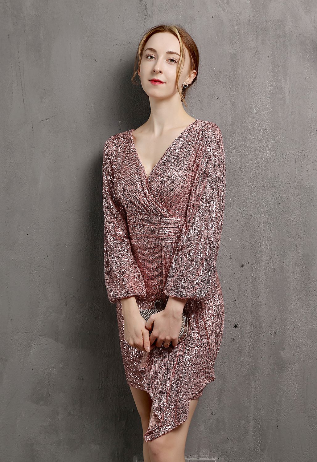Shimmer Sequin Ruffle Wrap Dress in Pink