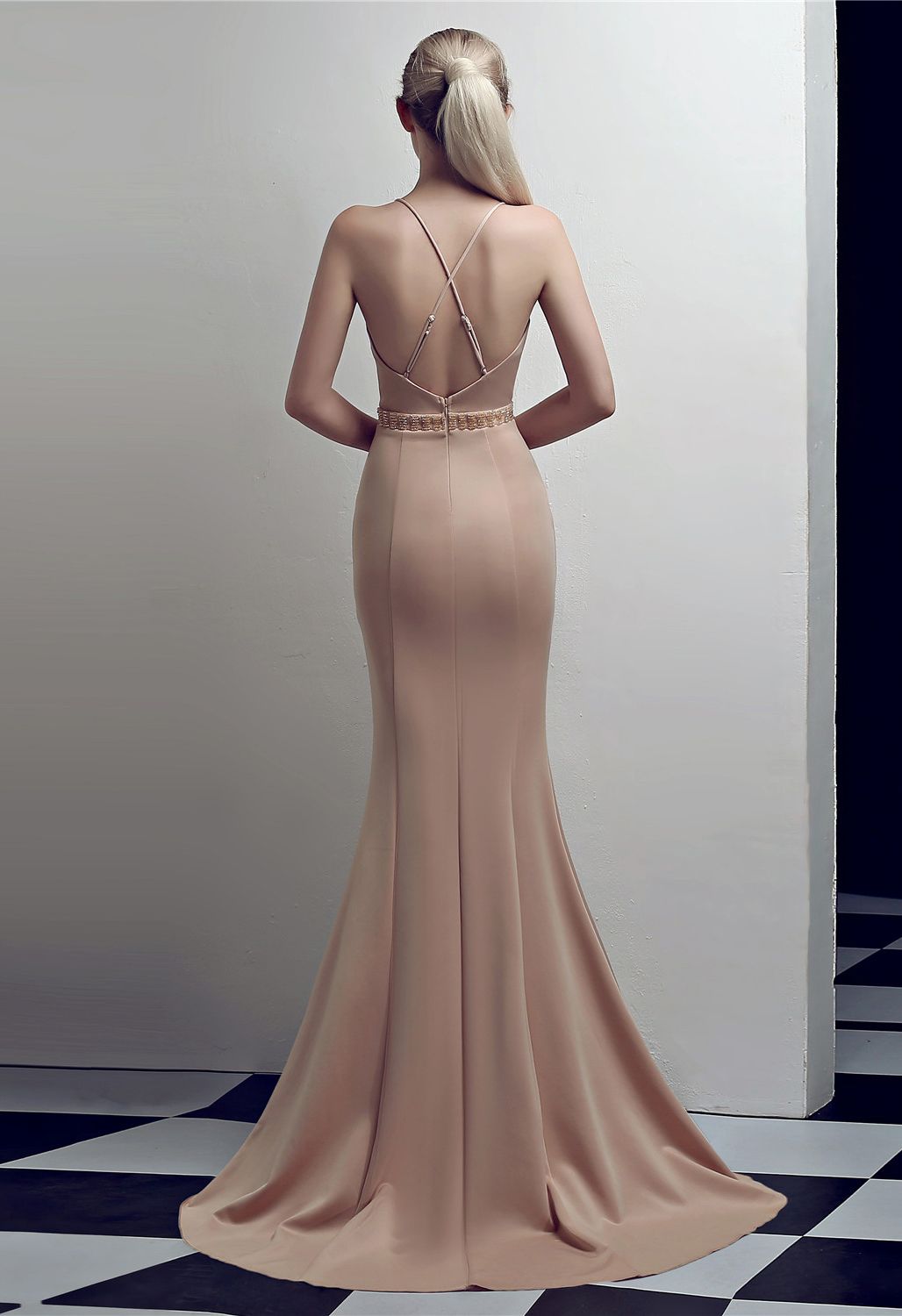 Beaded Waist Crisscross Open Back Cami Gown in Champagne