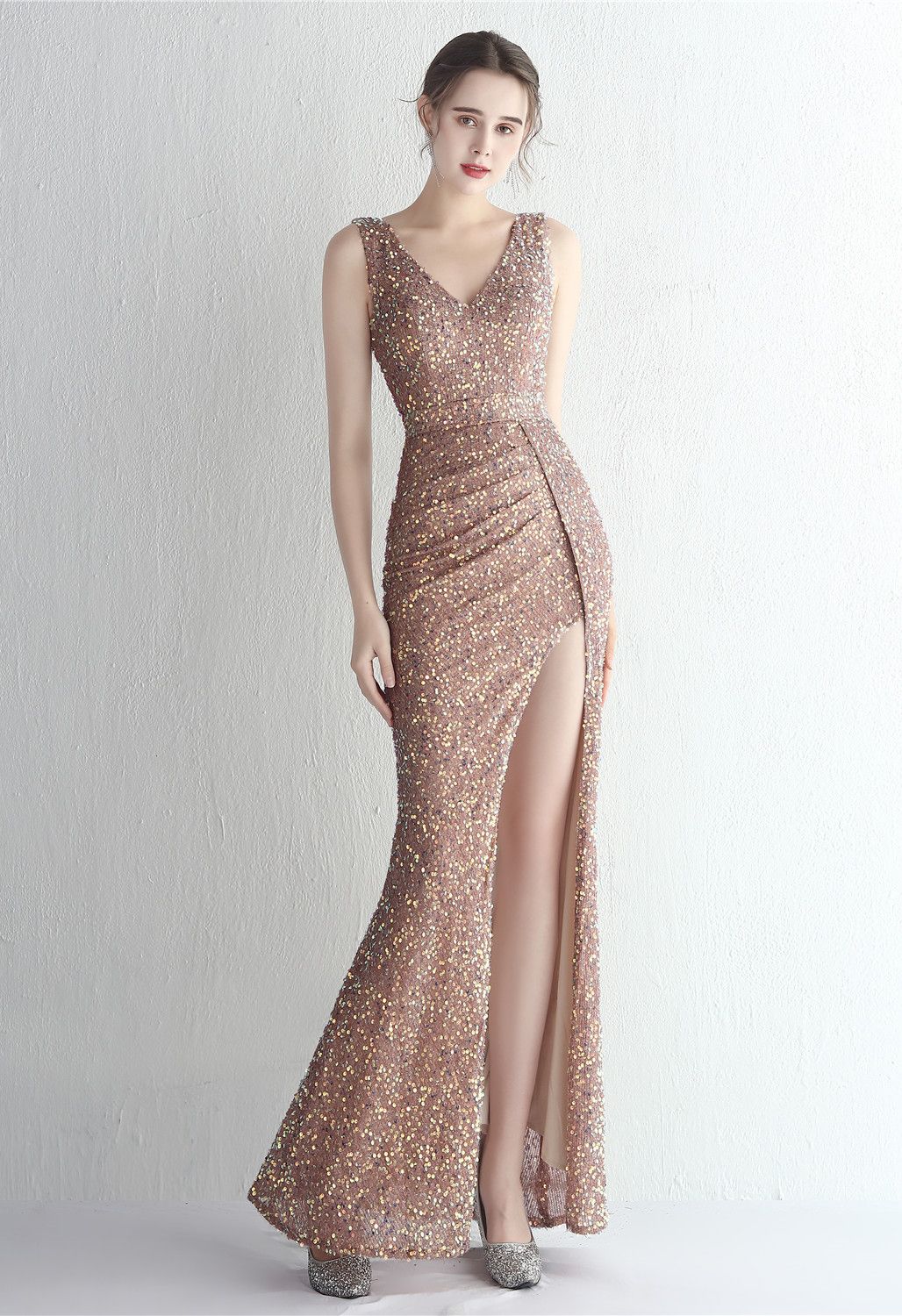 Glittering Sequin V-Neck Slit Gown in Rose Gold