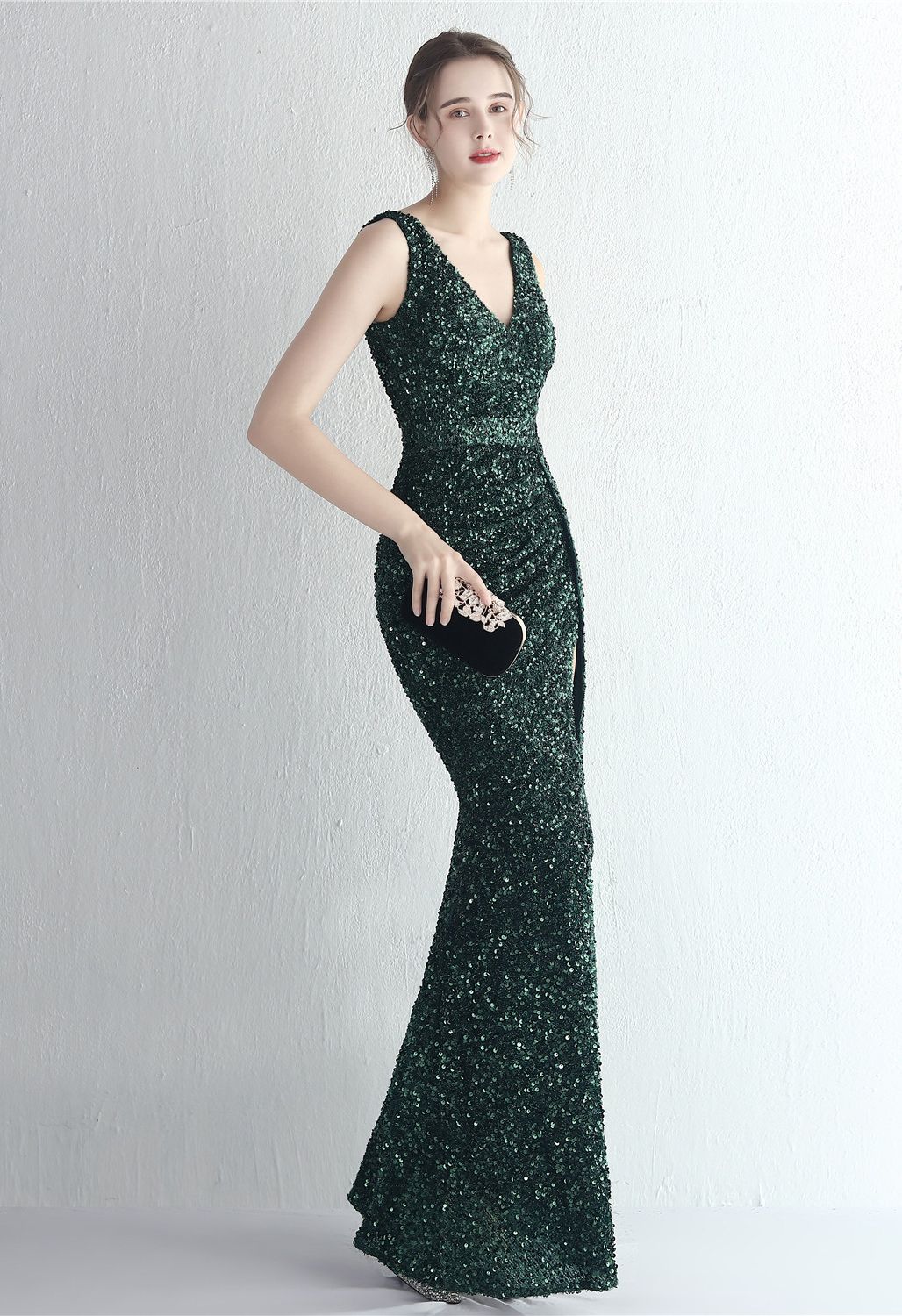 Glittering Sequin V-Neck Slit Gown in Emerald