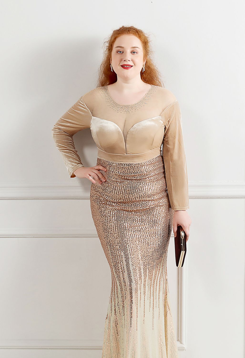 Ombre Sequins Velvet Spliced Gown in Champagne