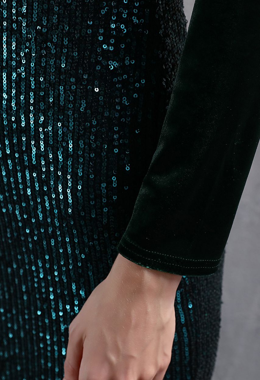 Ombre Sequins Velvet Spliced Gown in Emerald
