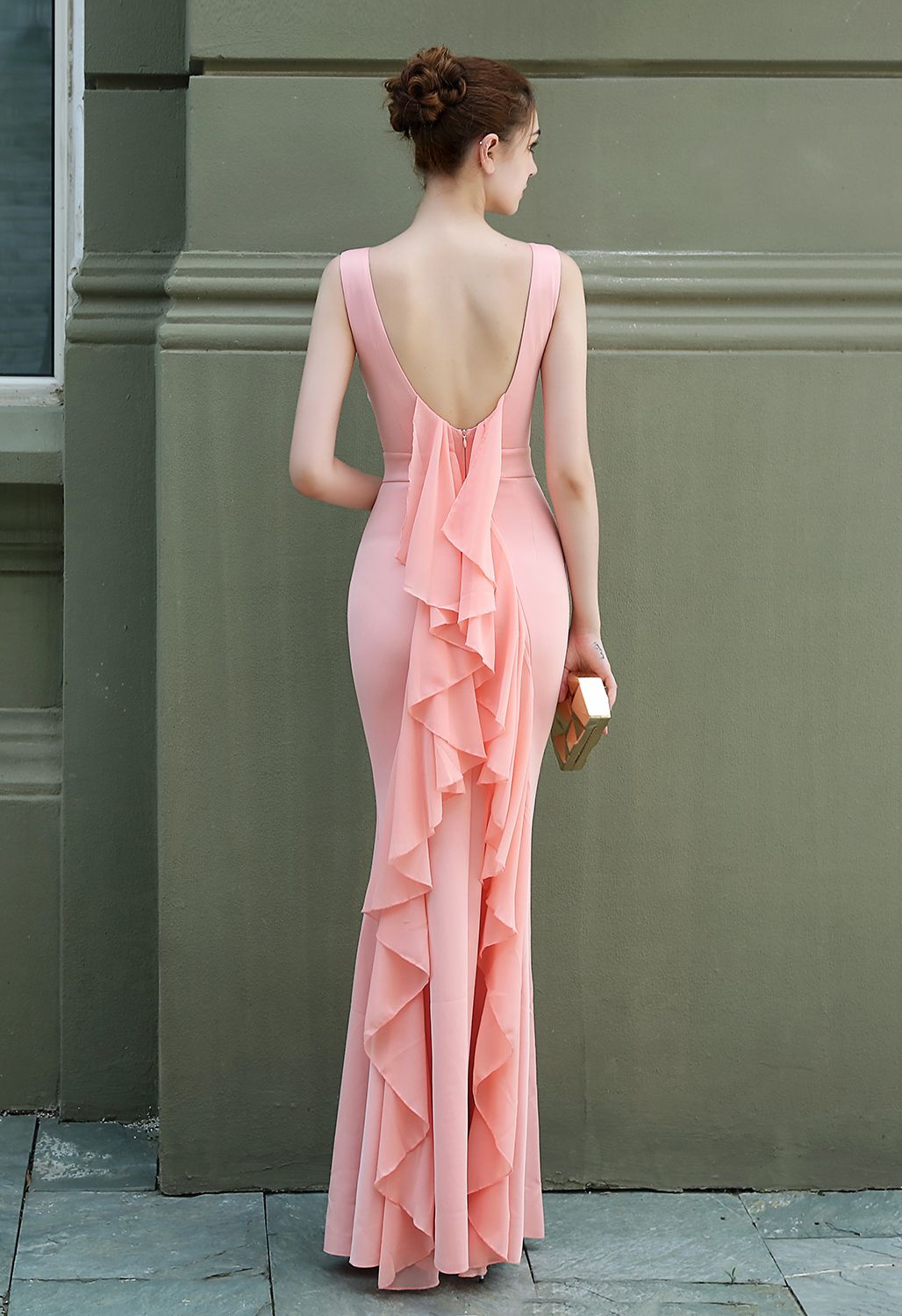 Open Back Cascade Ruffle Sleeveless Gown in Pink