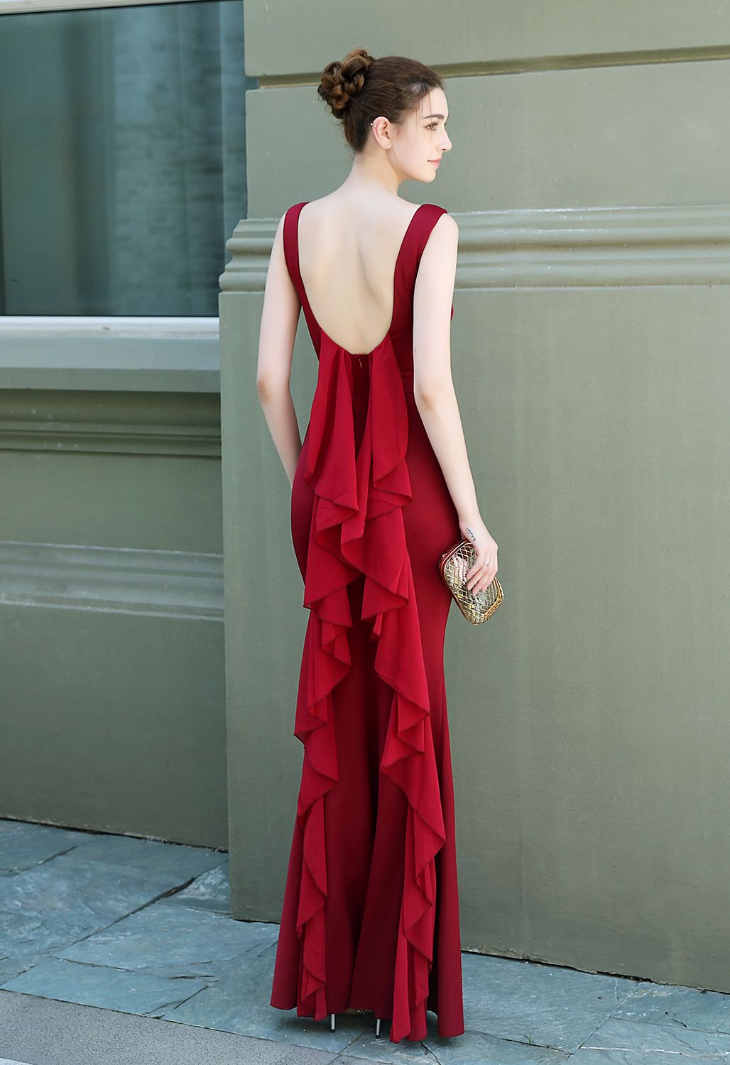 Open Back Cascade Ruffle Sleeveless Gown in Red