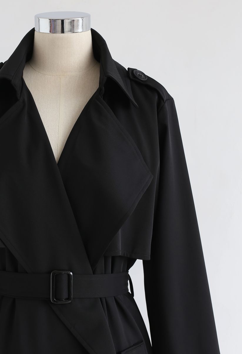 Open Front Pockets Belted Coat in Black