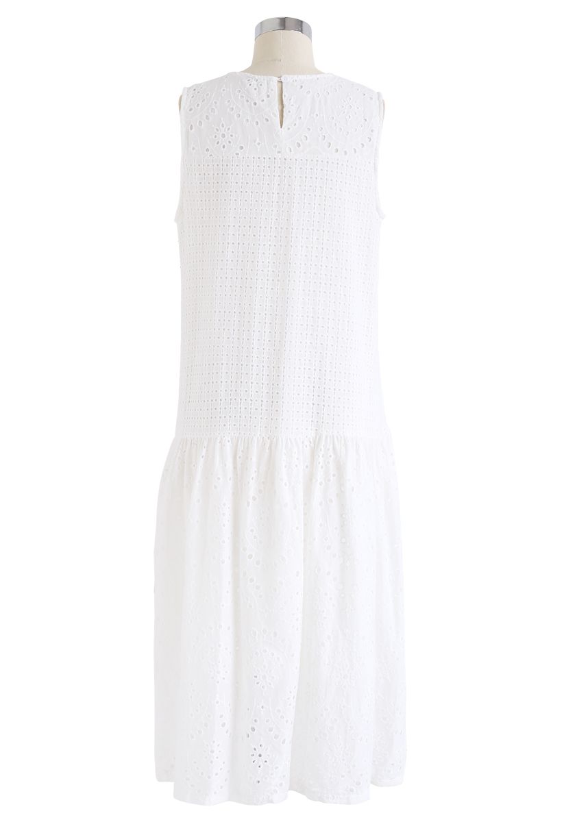 White Perforated Embroidered Sleeveless Dress