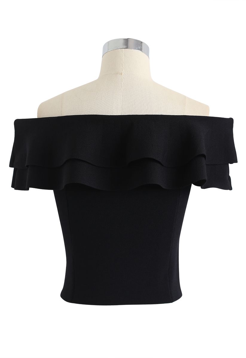 Off-Shoulder Tiered Cropped Knit Top in Black