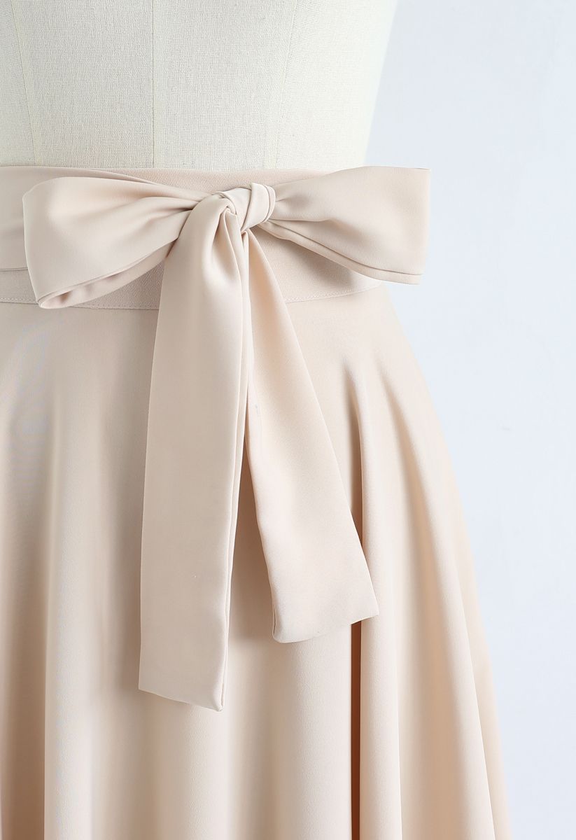 Flare Hem Bowknot Waist Midi Skirt in Light Tan