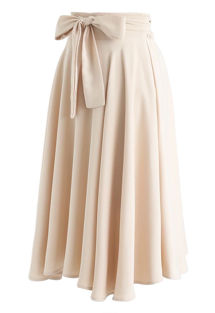 Flare Hem Bowknot Waist Midi Skirt in Light Tan