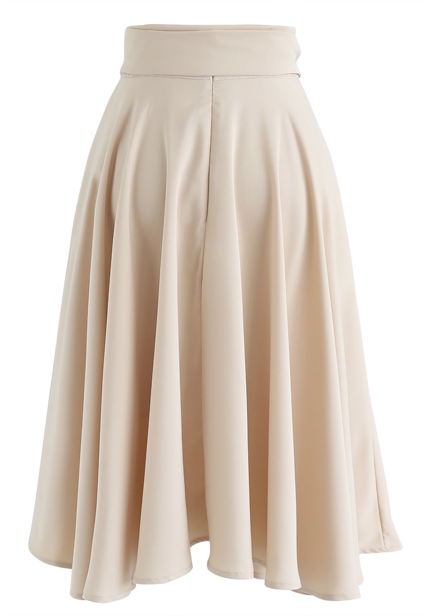 Flare Hem Bowknot Waist Midi Skirt in Light Tan